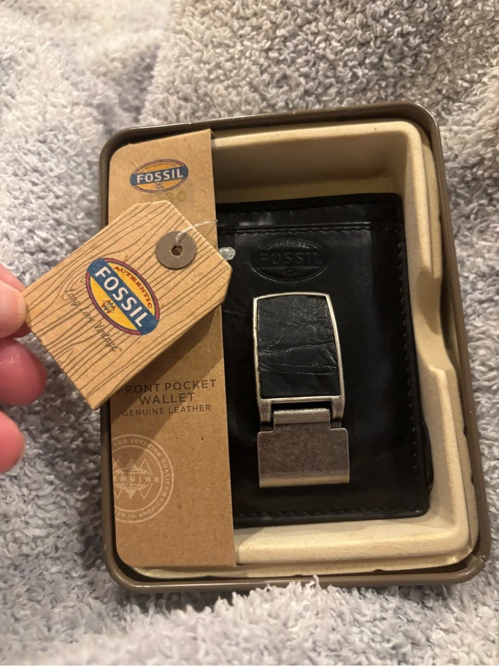 NWT Fossil Black Leather Front Pocket Wallet with Silver Money Clip